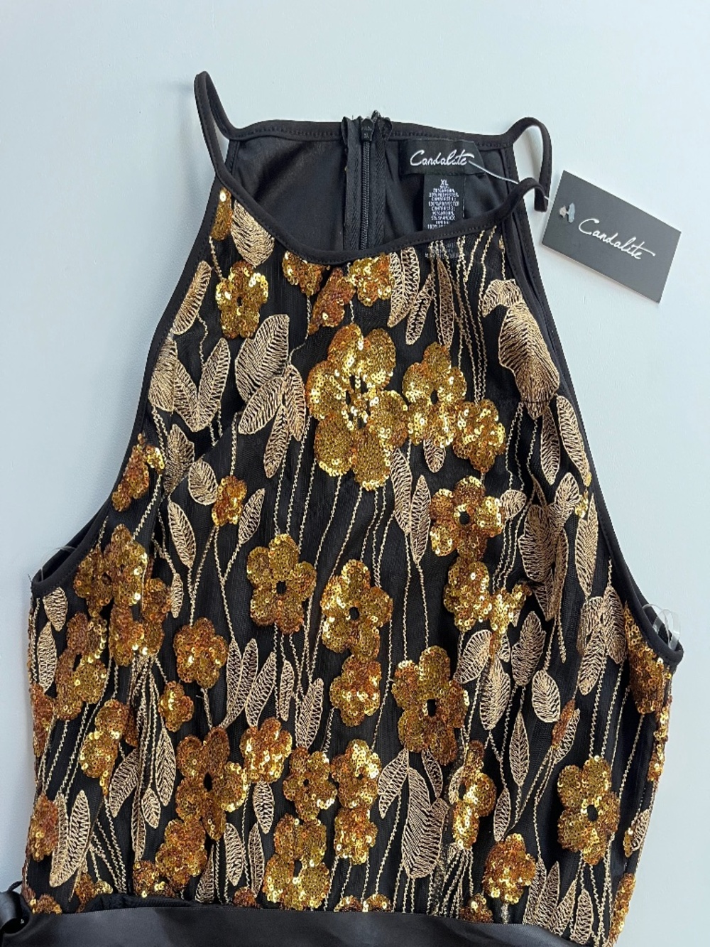 Candalite formal maxi dress with high neckline and gold floral sequin embroidery